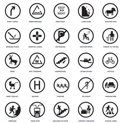 Set Of 25 icons such as School zone, Airport Checking, Walking Up Stair, Tram stop, Trekking, Throw to the bin, Scuba Diving, Theater, Baby trolley, Smoking place, Keep right, Speed Breaker icon