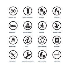 Set Of 16 icons such as Smoke zone, Babysitter and child, Walking downstairs, Restaurant, Passport, 80 Speed Limit, Dormitory, Water Tank, Tracking icon