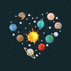 Vector clip art set of solar system. Heart shape with planet on space background. Universe texture for greeting cards, invitations