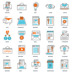 Set Of 25 icons such as Browser, Smartphone, Monitor, Email, Open, Chat, Idea, Open icon