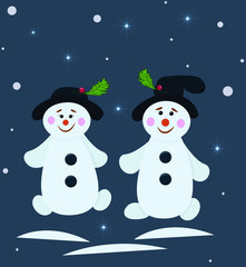 A pair of snowmen with hats, branches, berries, snowflakes and stars.