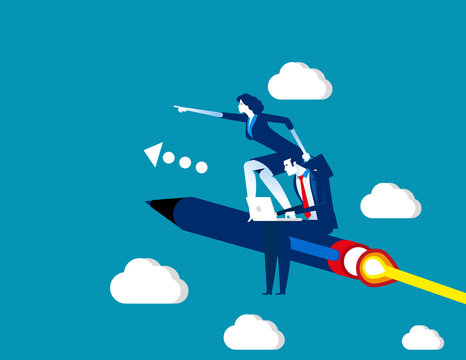 Business team flying on pen. Concept business vector, Teamwork, Working, Successful.