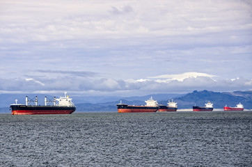 Empty container ships on Columbia River in Astoria, Oregon