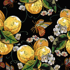 Embroidery blossoming lemons and butterfly seamless pattern. Fashion template for clothes, textiles and t-shirt design. Botanical illustration