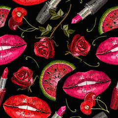 Embroidery female lips, roses, seamless pattern, art style. Fashion template for clothes, textiles, t-shirt design