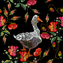 Embroidery goose, berry and red poppies flowers seamless pattern. Template for clothes and t-shirt design