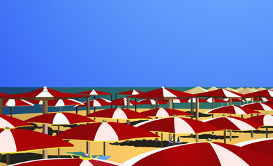 Vector image of a summer resort. The composition includes blue sky, beach sand, red and white umbrellas for the design of cards, brochures, banners, leaflets on an isolated surface.