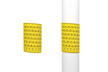 3d rendering of two measure tapes, one wound around a white post and another around empty space.