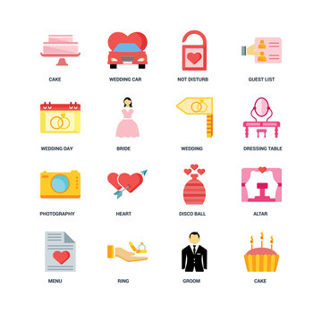 Set Of 16 icons such as Cake, Groom, Ring, Menu, Altar, Wedding