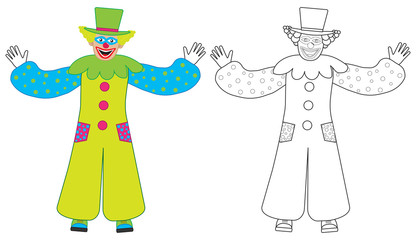 Cheerful clown welcomes, colorful and coloring book. Vector illustration