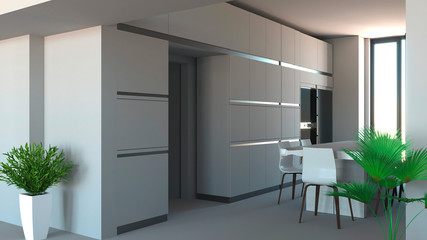 Cucina mobili, design di interni, arredamento della cucina. Arredamento ed elettrodomestici. Ingresso e open space con vista di una cucina. Colonne di mobili che arredano una parete della cucina