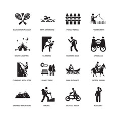 Simple Set of 16 Vector Icon. Contains such Icons as Accident, Climbing, Badminton RAcket and Feather, undefined, Horse riding, Sunny Park, Man swimming. Editable Stroke pixel perfect