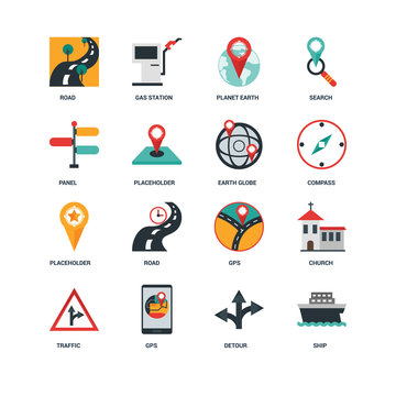 Set Of 16 icons such as Ship, Detour, Gps, Traffic, Church, Road, Panel, Placeholder, Earth globe icon