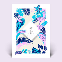 Colorful botanical invitation card template design, hand drawn tropical plants in pink, purple and blue tones