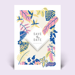 Colorful botanical invitation card template design, hand drawn tropical plants in pink, blue and yellow tones