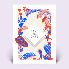 Colorful botanical invitation card template design, hand drawn tropical plants in red, blue and pink tones