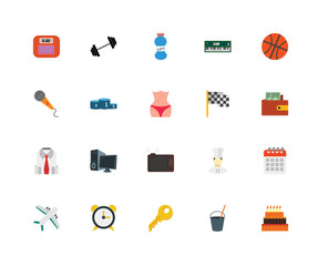 Set Of 20 icons such as Birthday cake, Bucket, Key, Clock, Airplane, Basketball, Finish, Television, Outfit, Ranking, Water bottle, icon pack