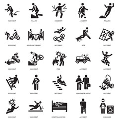 Simple Set of 25 Vector Icon. Contains such Icons as Cleaning, Accident, Falling, Insurance agent, Accident. Editable Stroke pixel perfect