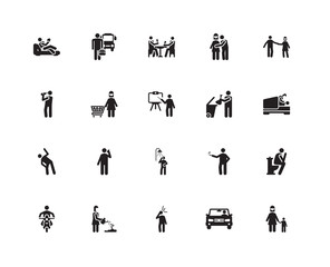 Simple Set of 20 Vector Icon. Contains such Icons as Walking, Driving, Headache, Watering, Motorcycle, Playing, Garbage, Shower, Stretching, Shopping, Drinking. Editable Stroke pixel perfect