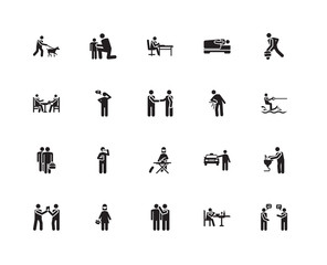 Simple Set of 20 Vector Icon. Contains such Icons as Talking, Eating, Gossip, Shopping, Drinking, Hurry, Pain, Ironing, Work, Thinking, Writing. Editable Stroke pixel perfect