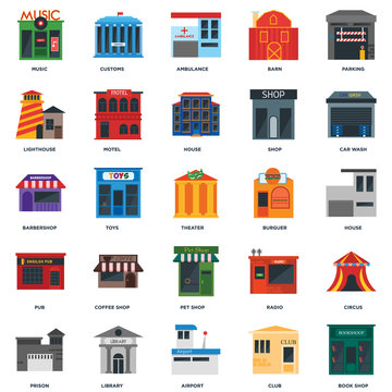 Set Of 25 icons such as Book shop, Club, Airport, Library, Prison, Car wash, Burguer, Pet Pub, Lighthouse, Ambulance, Customs icon