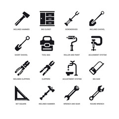 Simple Set of 16 Vector Icon. Contains such Icons as Round Wrench, Tool Bag, Inclined Hammer, undefined, Big Saw, Clippers, Closet. Editable Stroke pixel perfect