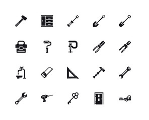 Simple Set of 20 Vector Icon. Contains such Icons as Trolley Truck, Clippers, Short Shovel, Inclined Round Wrench, Big Closet, Hammer, Tool Bag. Editable Stroke pixel perfect