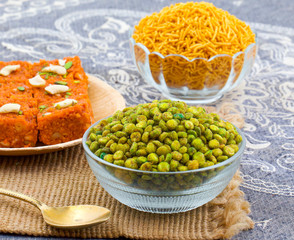 Indian Namkeen Snack Food Masala Green Peas Also Know as Spicy Green Peas, Masala Matar, Hara Matar, Masala Vatana, Spiced Fried Green Peas or Chatpata Matar Serve in Bowl