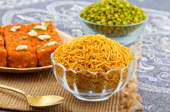 Indian Traditional Namkeen Food Bikaneri Sev Also Called Namkin, Nimco or Nimko