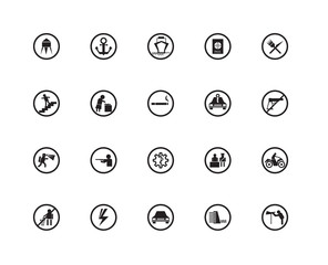 Set Of 20 icons such as Site seeing place, Dam, Car parking, Shock, No littering, Restaurant, rental, Pharmacy, Mine site, Babysitter and child, Ferry carrying cars, icon pack