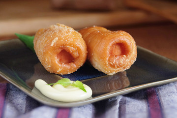 Sausage in fried bread rolls homemade food.