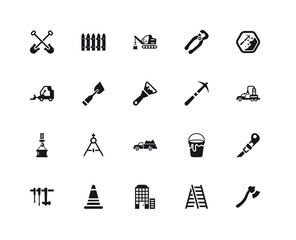 Simple Set of 20 Vector Icon. Contains such Icons as Inclined Ax, Crane Truck, Working, Big Clippers, Three Tools, Garden Fence, Paint Bucket, Little Snowplow. Editable Stroke pixel perfect