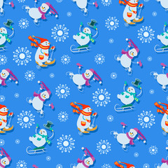 Winter sports games. Funny snowmens. Seamless pattern. Design for children's textiles and packaging materials, background image with cartoon characters.