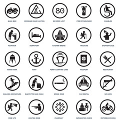 Set Of 25 icons such as Motorbike riding, Restaurant, Shower place, Crossing Road Caution, Mine site, Dormitory, Car rental, Water Tank icon