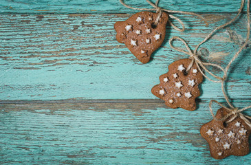 Christmas wooden background with cookies. Christmas background.