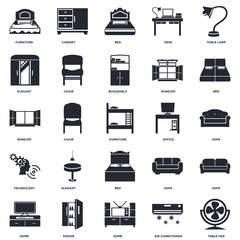 Set Of 25 icons such as Table fan, Air conditioner, Home, Fridge, Bed, Office, Technology, Elegant, Cabinet icon