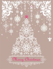 Beautiful Christmas pastel greeting craft card with hanging decoration, floral arch and Xmas tree with paper cutting snowflakes