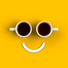 Top view of a cup of coffee in the form of smile isolated on yellow background, Coffee concept illustration, 3d rendering