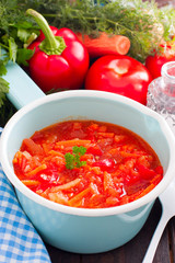 Letcho with tomatoes, peppers and carrots, selective focus