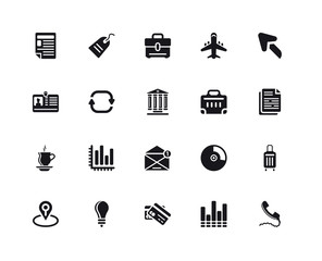 Simple Set of 20 Vector Icon. Contains such Icons as Monument site, Sound wave bars, Banking card, Light bulb turned off, Rectangular briefcase. Editable Stroke pixel perfect