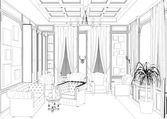 cigar room, smoking lounge, contour visualization, 3D illustration, sketch, outline