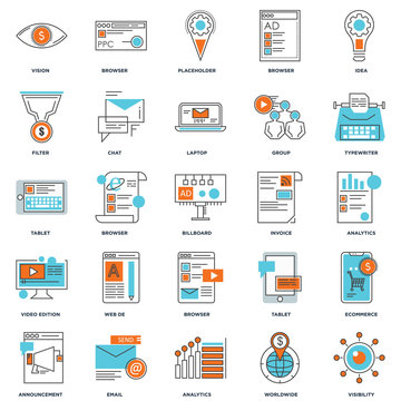 Set Of 25 icons such as Visibility, Worldwide, Analytics, Email, Announcement, Typewriter, Invoice, Browser, Video edition, Filter, Placeholder, Browser icon