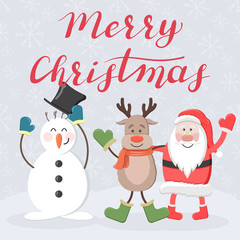 Merry Christmas. Santa, deer and snowman