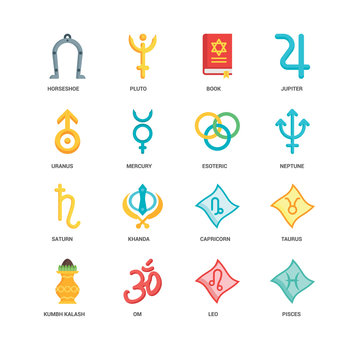 Simple Set of 16 Vector Icon. Contains such Icons as Pisces, Leo, Om, Kumbh kalash, Taurus, Horseshoe, Uranus, Saturn, Esoteric, undefined, undefined. Editable Stroke pixel perfect