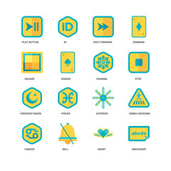 Simple Set of 16 Vector Icon. Contains such Icons as Abecedary, Spades, Play button, undefined, Zebra crossing, Pisces, ID. Editable Stroke pixel perfect
