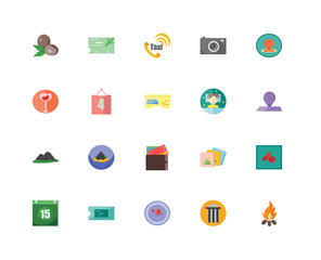 Set Of 20 icons such as Bonfire, Column, Gps, Ticket, Calendar, Map, Bed, Cit card, Mountain, Schedule, Taxi, icon pack