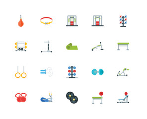 Set Of 20 icons such as Machine, Bench, Weight plates, Elliptical, Kettlebells, Fitness bench, Dumbbell, Rings, Bar, icon pack