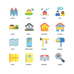 Set Of 16 icons such as Search, Mansion, Contract, print, Mailbo