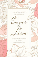Fototapeta premium Delicate tender floral frame from pink crimson rose peony white lily flowers. Beautiful elegant wedding invitation card template vector design. Text placeholder. Vintage retro luxury style.