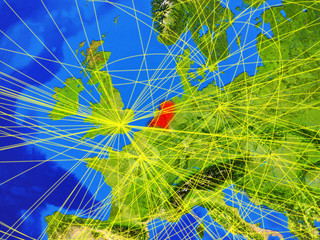Netherlands from space on model of planet Earth with networks. Detailed planet surface with city lights.